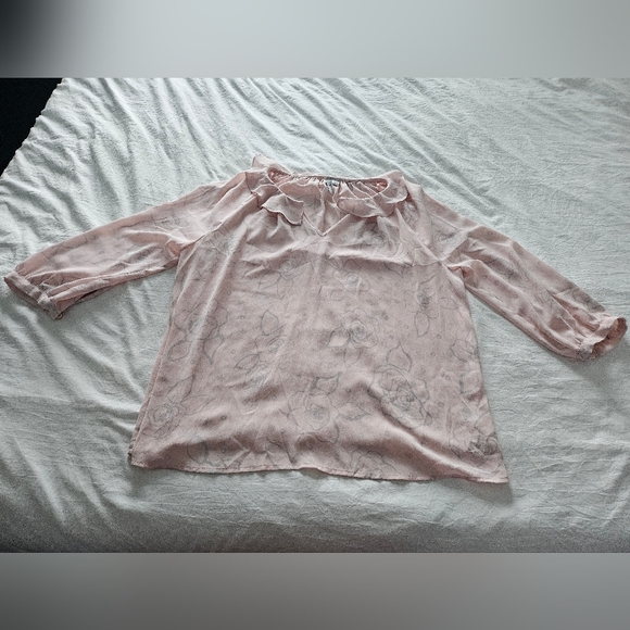 Elle Tops - Light Pink Floral Ruffle Neck Blouse - Women